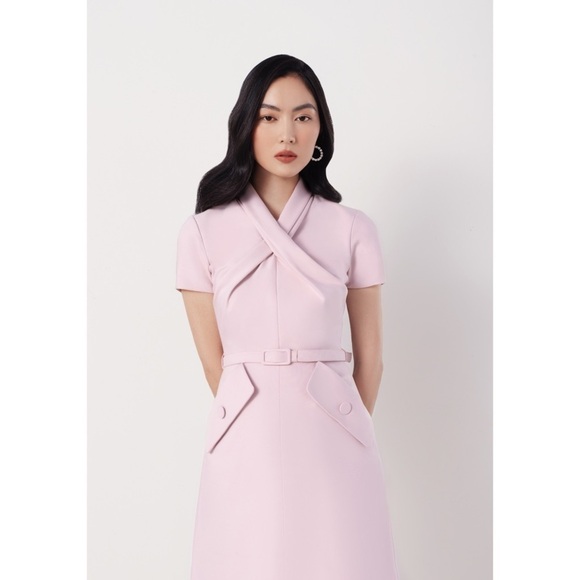 White Plan Dresses & Skirts - White Plan Helly Drap Pink A-Line Dress Belted Pocket Twist Front Size S